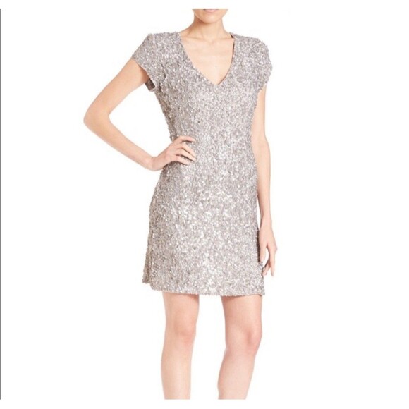 Parker Womens Silk Sleeveless Beaded Sequined Round Neck Mini Dress Sliver Sz M - Picture 1 of 12